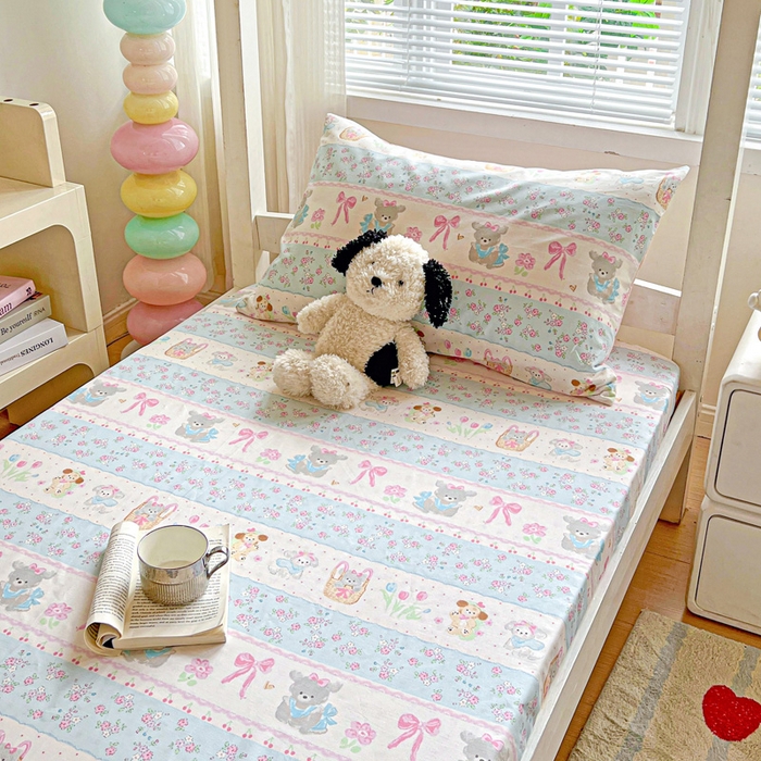 91家纺网 家纺一手货源 找家纺 名兮家居 2025新款全棉纯棉13372学生印花上下铺床笠单床笠单品床笠单件床笠 花篮熊