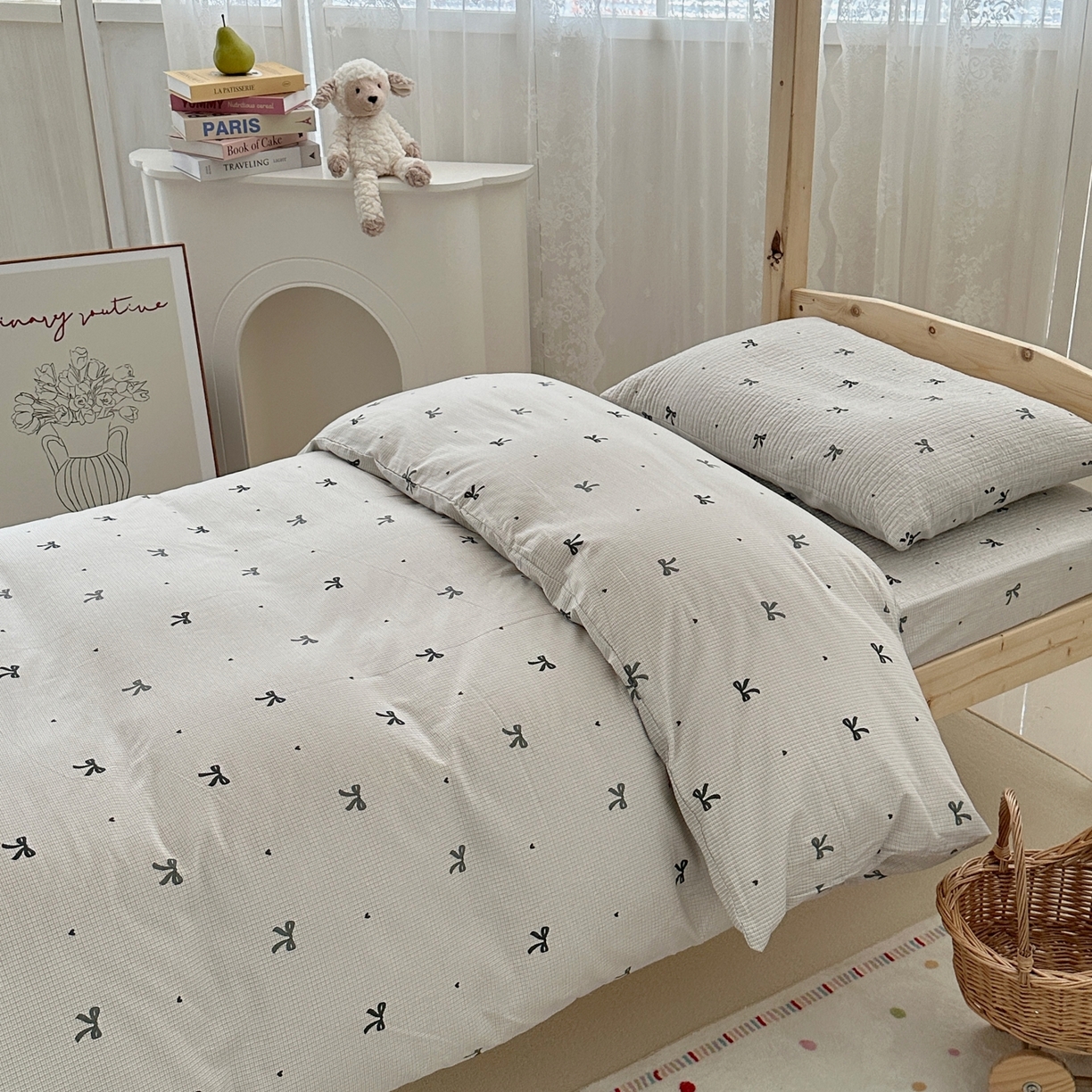 91家纺网 家纺一手货源 找家纺 佰织鑫家居 2025新款独家原创-学生季纯棉夹棉床笠三件套 蝴蝶结