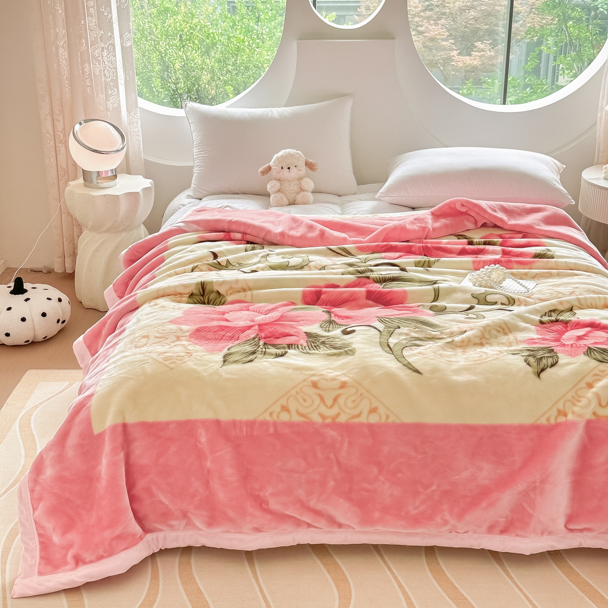 91家纺网 家纺一手货源 找家纺 法莱妮毛毯 2025新款双层加厚拉舍尔毛毯 婚庆 单双人 厂家直销可定制 粉红世家