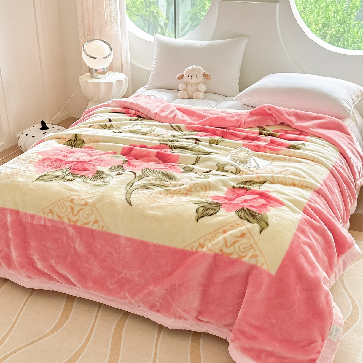 91家纺网 家纺一手货源 找家纺 法莱妮毛毯 2025新款双层加厚拉舍尔毛毯 婚庆 单双人 厂家直销可定制 粉红世家