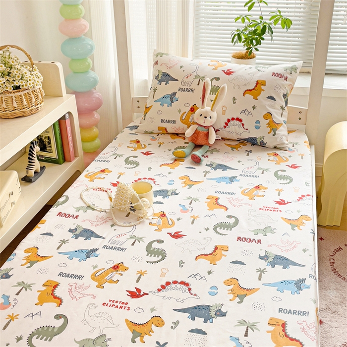 91家纺网 家纺一手货源 找家纺 名兮家居 2025新款全棉纯棉13372学生印花上下铺床笠单床笠单品床笠单件床笠 恐龙王国