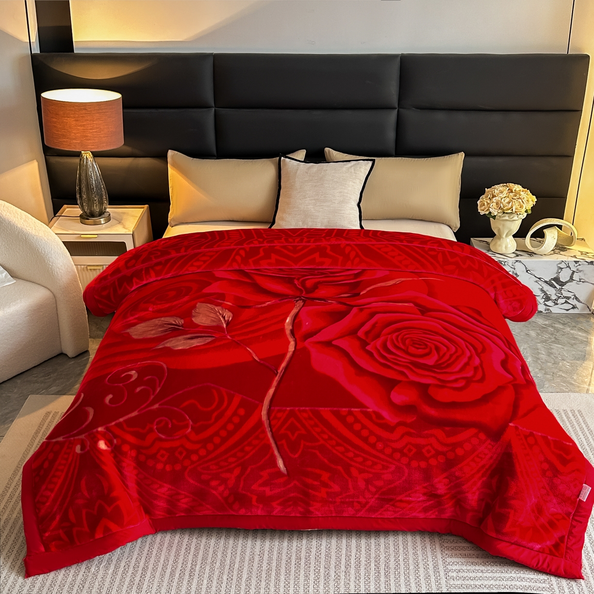 91家纺网 家纺一手货源 找家纺 法莱妮毛毯 2025新款双层加厚拉舍尔毛毯 婚庆 单双人 厂家直销可定制 玫瑰情深