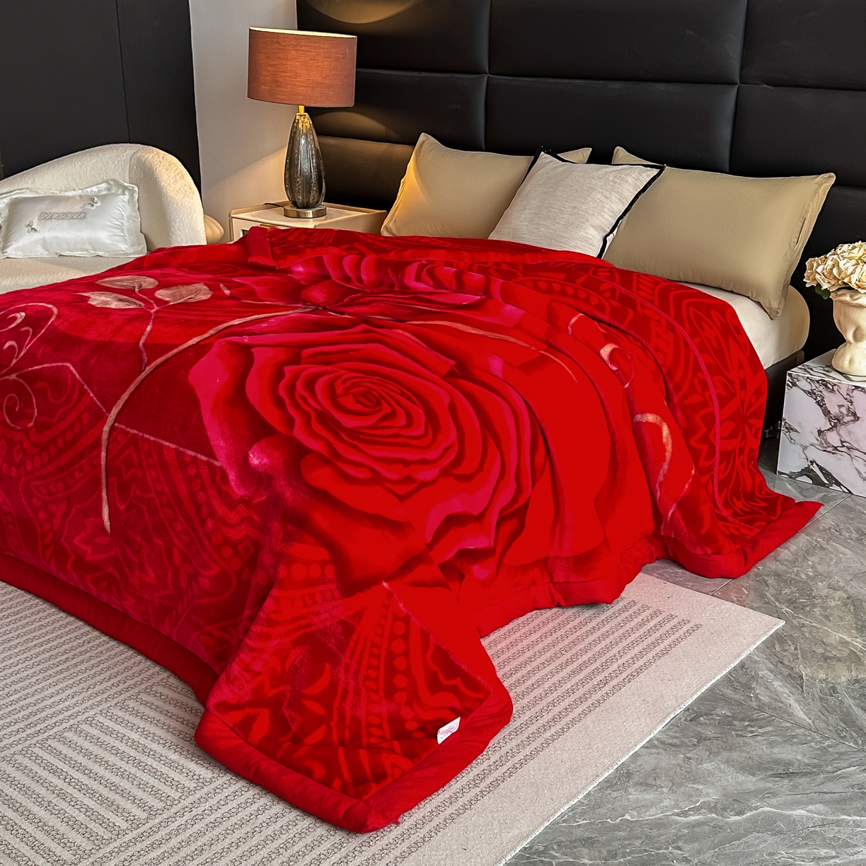 91家纺网 家纺一手货源 找家纺 法莱妮毛毯 2025新款双层加厚拉舍尔毛毯 婚庆 单双人 厂家直销可定制 玫瑰情深