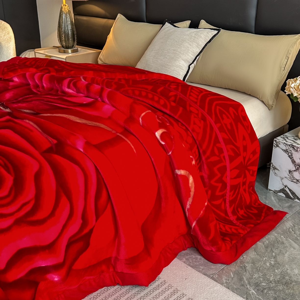 91家纺网 家纺一手货源 找家纺 法莱妮毛毯 2025新款双层加厚拉舍尔毛毯 婚庆 单双人 厂家直销可定制 玫瑰情深