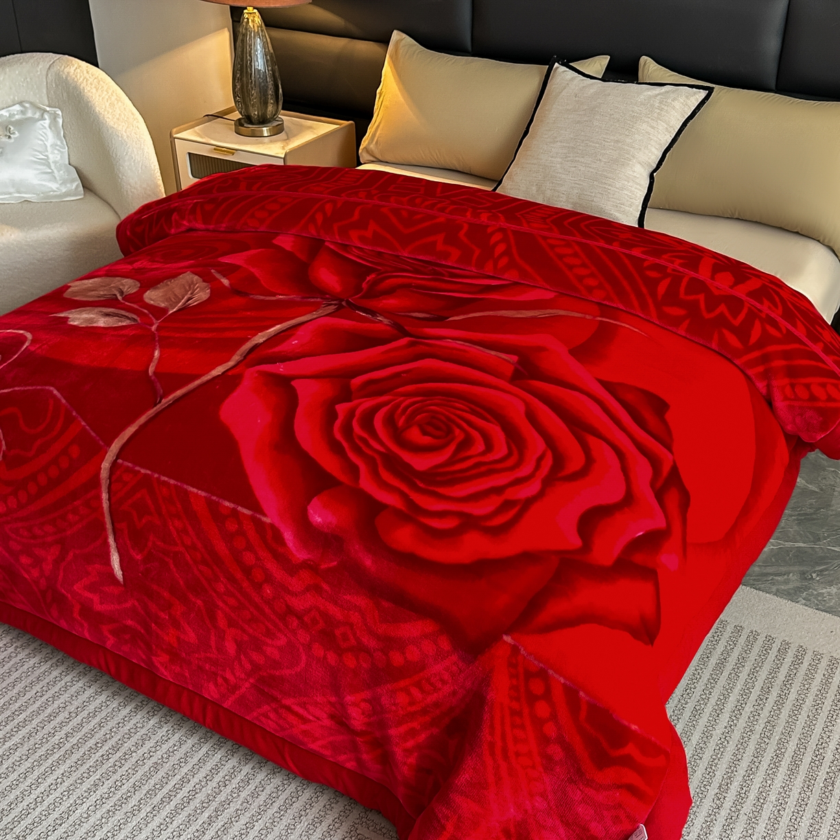 91家纺网 家纺一手货源 找家纺 法莱妮毛毯 2025新款双层加厚拉舍尔毛毯 婚庆 单双人 厂家直销可定制 玫瑰情深