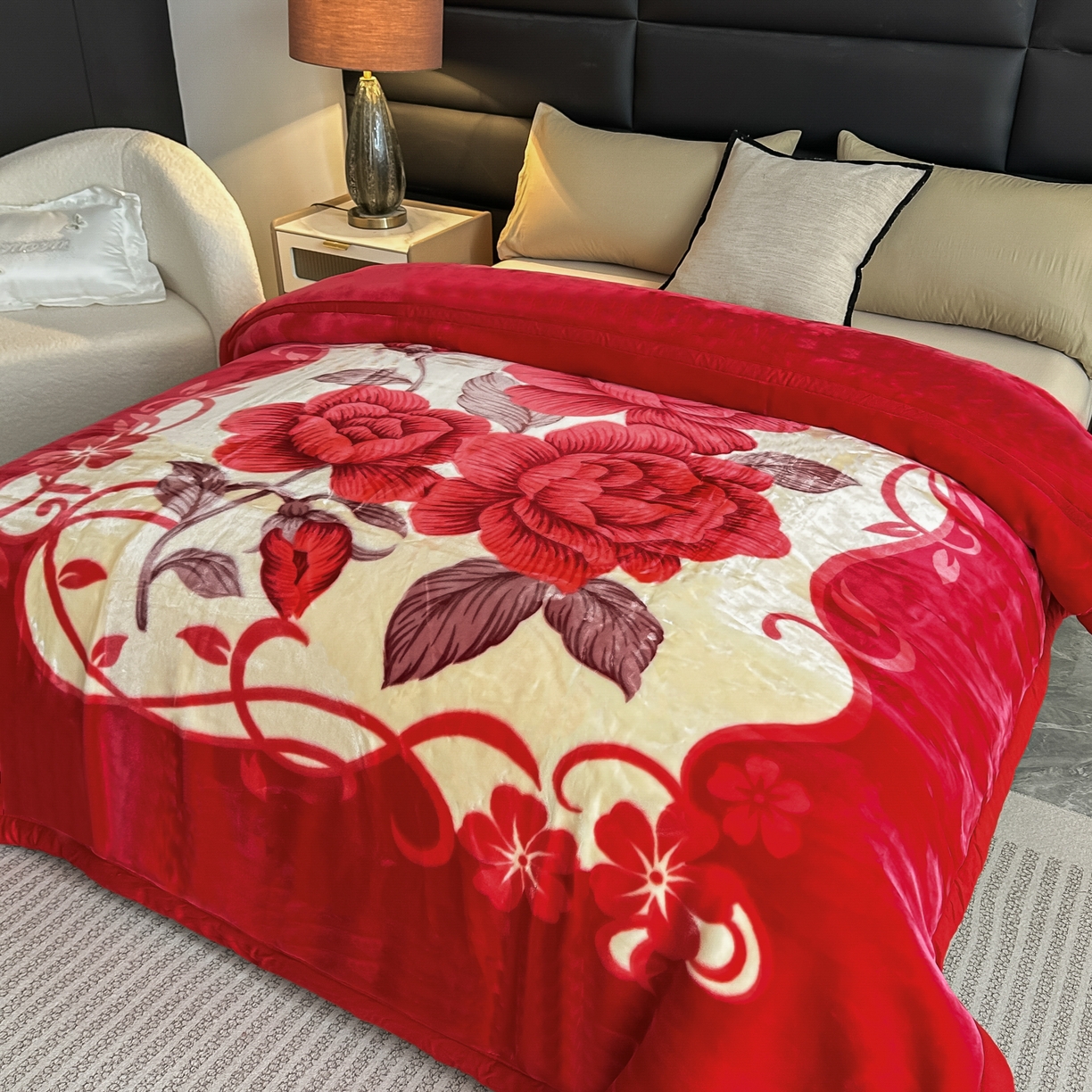 91家纺网 家纺一手货源 找家纺 法莱妮毛毯 2025新款双层加厚拉舍尔毛毯 婚庆 单双人 厂家直销可定制 缘定终生