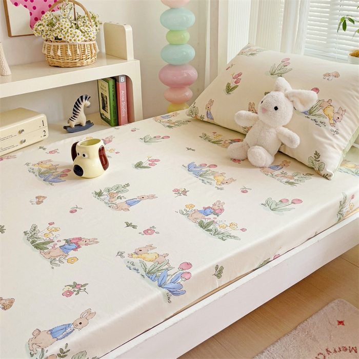 91家纺网 家纺一手货源 找家纺 名兮家居 2025新款全棉纯棉13372学生印花上下铺床笠单床笠单品床笠单件床笠 蘑菇小兔