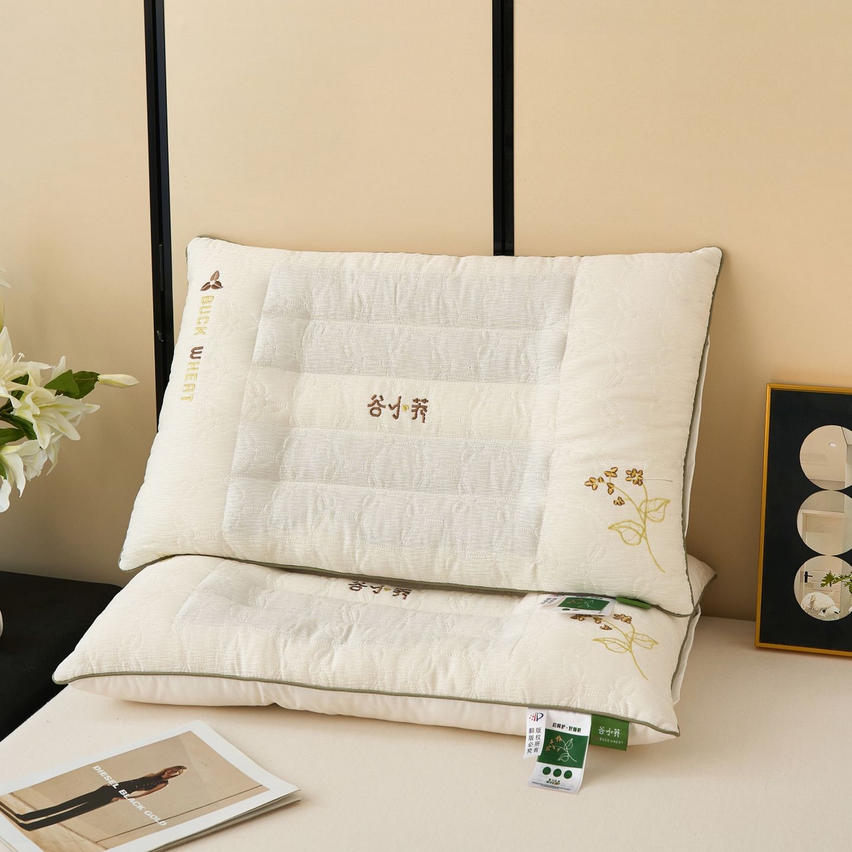 91家纺网 家纺一手货源 找家纺 晚儿 2025新款谷小荞牵引枕头枕芯 谷小荞牵引枕 48*74cm一对
