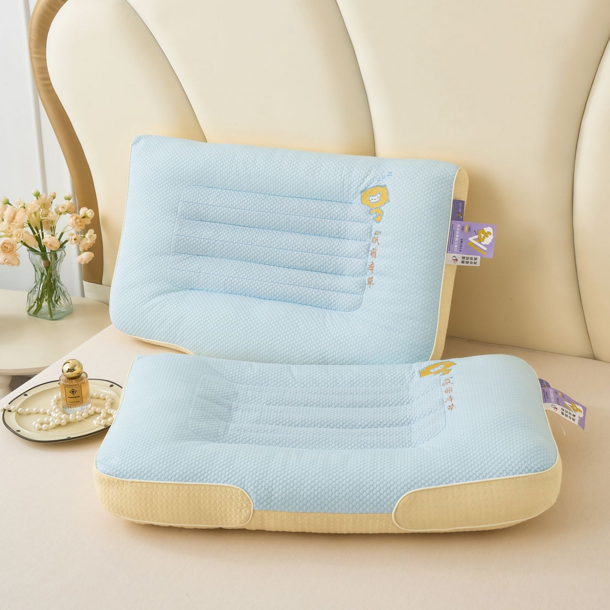 91家纺网 家纺一手货源 找家纺 晚儿 2025新款眠萌草本深睡枕头枕芯 草本-蓝 48*74cm一对