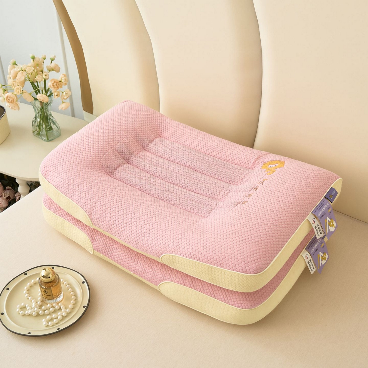 91家纺网 家纺一手货源 找家纺 晚儿 2025新款眠萌草本深睡枕头枕芯 草本-粉 48*74cm一对