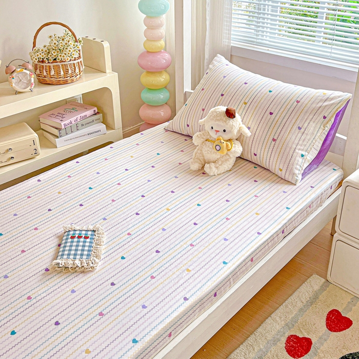 91家纺网 家纺一手货源 找家纺 名兮家居 2025新款全棉纯棉13372学生印花上下铺床笠单床笠单品床笠单件床笠 紫爱心