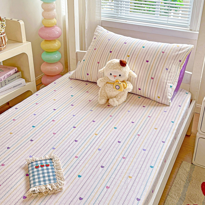 91家纺网 家纺一手货源 找家纺 名兮家居 2025新款全棉纯棉13372学生印花上下铺床笠单床笠单品床笠单件床笠 紫爱心