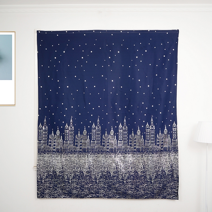 91家纺网 家纺一手货源 找家纺 棉姐床帘蚊帐窗帘 强遮光三层梭织免安装魔术贴窗帘门帘三件套 城堡藏青