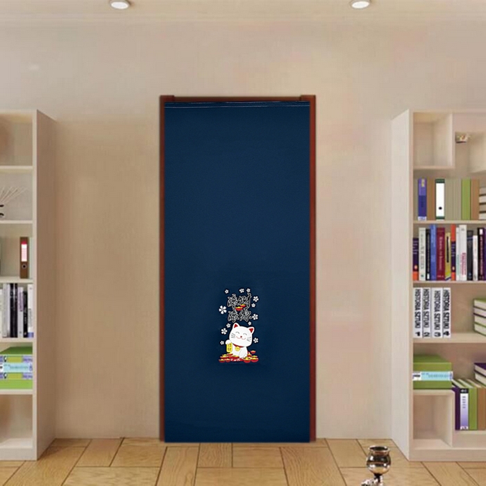 91家纺网 家纺一手货源 找家纺 棉姐床帘蚊帐窗帘 强遮光三层梭织免安装魔术贴窗帘门帘三件套 藏青-招财猫