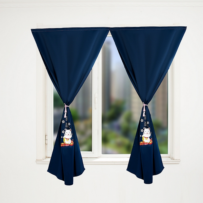 91家纺网 家纺一手货源 找家纺 棉姐床帘蚊帐窗帘 强遮光三层梭织免安装魔术贴窗帘门帘三件套 藏青-招财猫