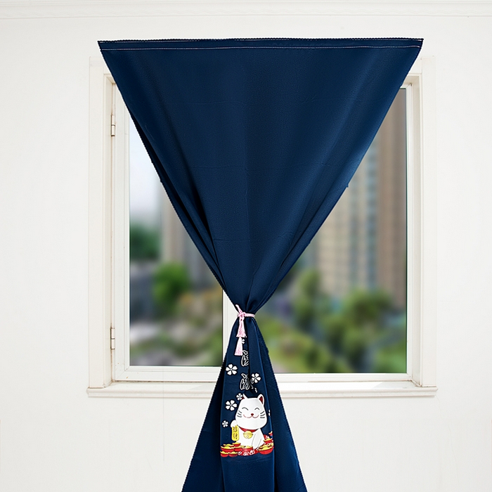 91家纺网 家纺一手货源 找家纺 棉姐床帘蚊帐窗帘 强遮光三层梭织免安装魔术贴窗帘门帘三件套 藏青-招财猫