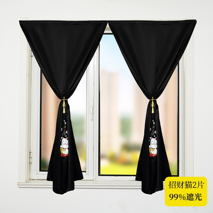 棉姐床帘蚊帐窗帘 强遮光三层梭织免安装魔术贴窗帘门帘三件套 黑-招财猫