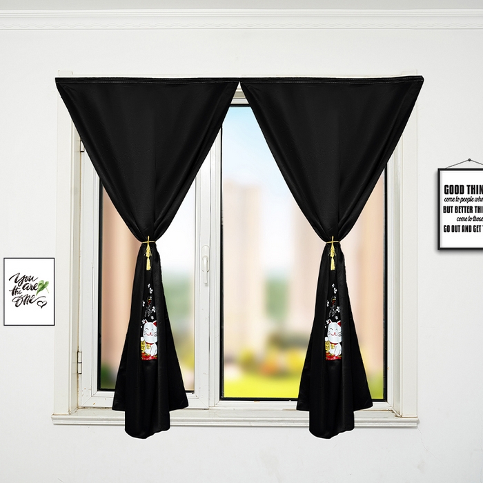 91家纺网 家纺一手货源 找家纺 棉姐床帘蚊帐窗帘 强遮光三层梭织免安装魔术贴窗帘门帘三件套 黑-招财猫