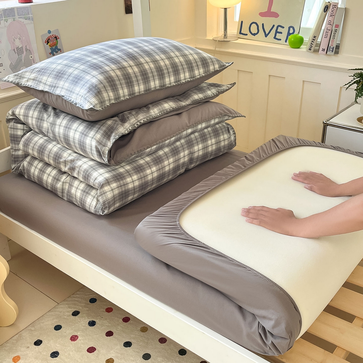 91家纺网 家纺一手货源 找家纺 （总）蓝邻家纺 2025新款全棉水洗棉贝壳边三件套四件套-学生床