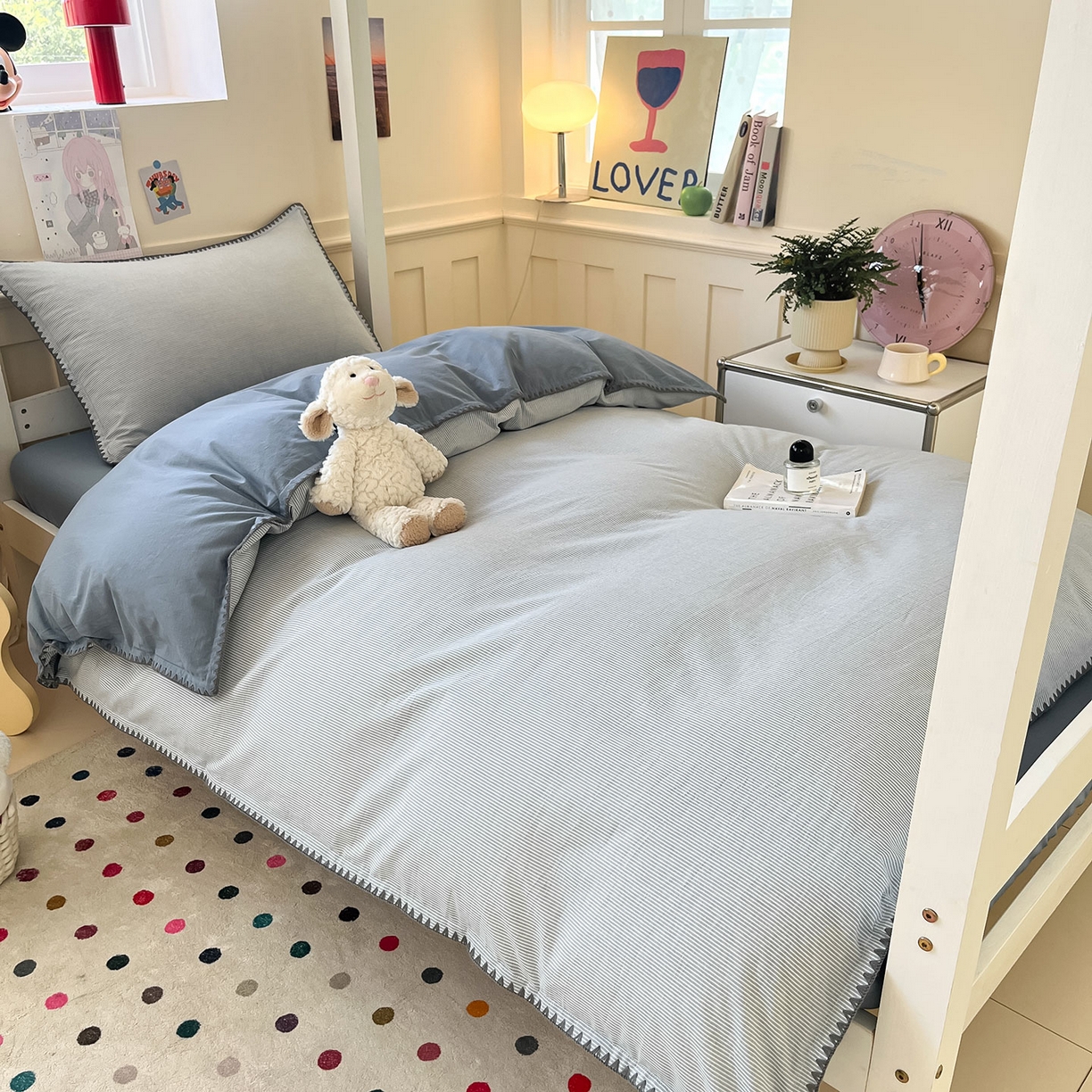 91家纺网 家纺一手货源 找家纺 蓝邻家纺 2025新款全棉水洗棉贝壳边三件套四件套-学生床 兰竖条