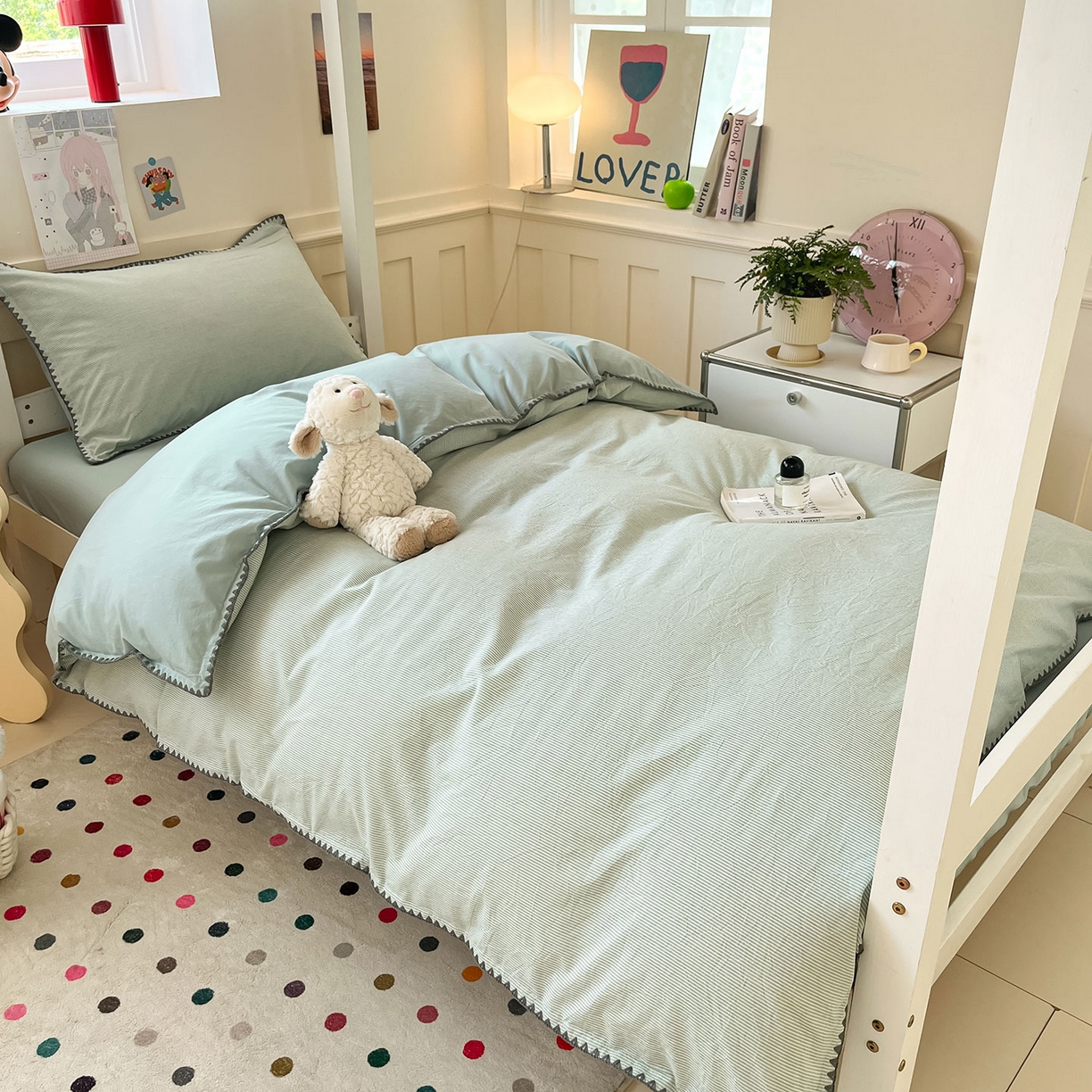 91家纺网 家纺一手货源 找家纺 （总）蓝邻家纺 2025新款全棉水洗棉贝壳边三件套四件套-学生床