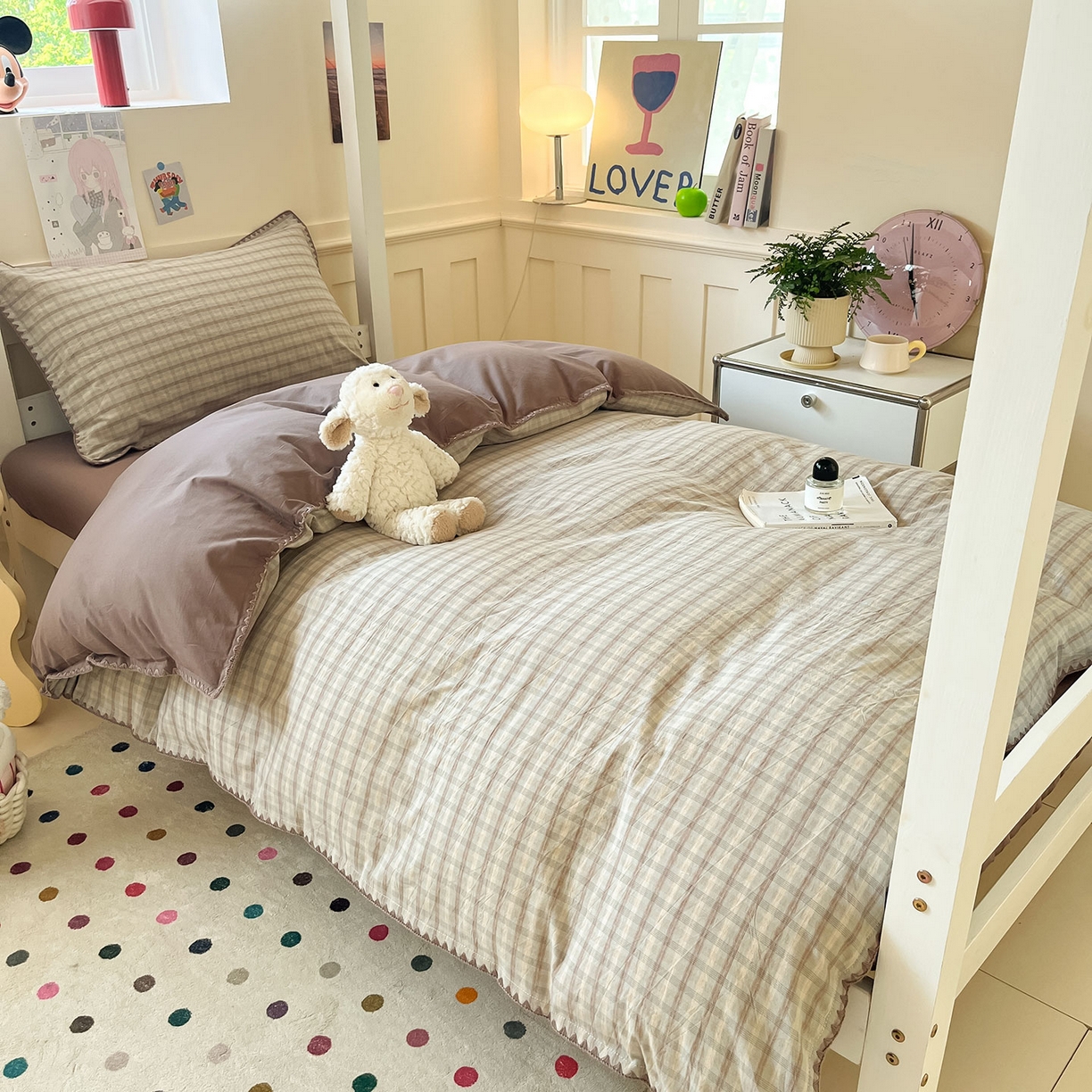 91家纺网 家纺一手货源 找家纺 蓝邻家纺 2025新款全棉水洗棉贝壳边三件套四件套-学生床 日落灰