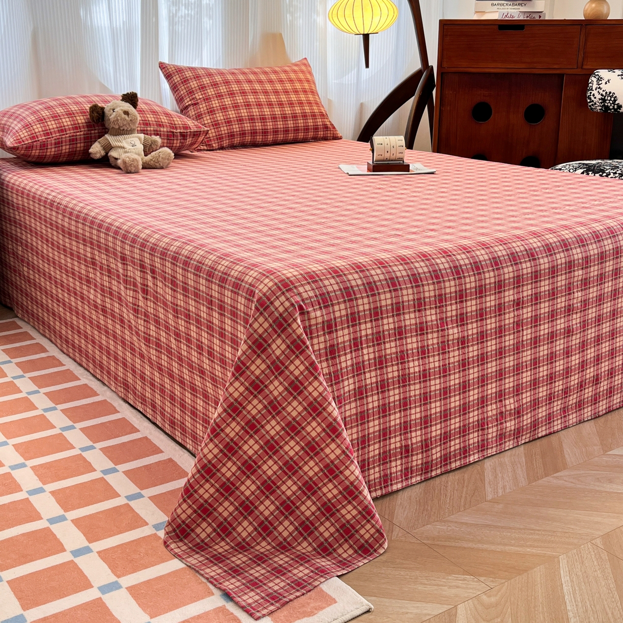 91家纺网 家纺一手货源 找家纺 （总）韩巢家纺 2025新款双层纱格子复古风床单人学生宿舍单床单 床单单件