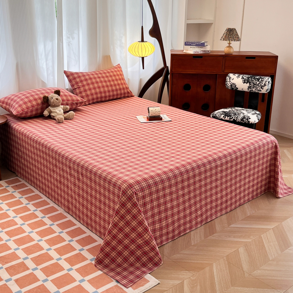 91家纺网 家纺一手货源 找家纺 （总）韩巢家纺 2025新款双层纱格子复古风床单人学生宿舍单床单 床单单件