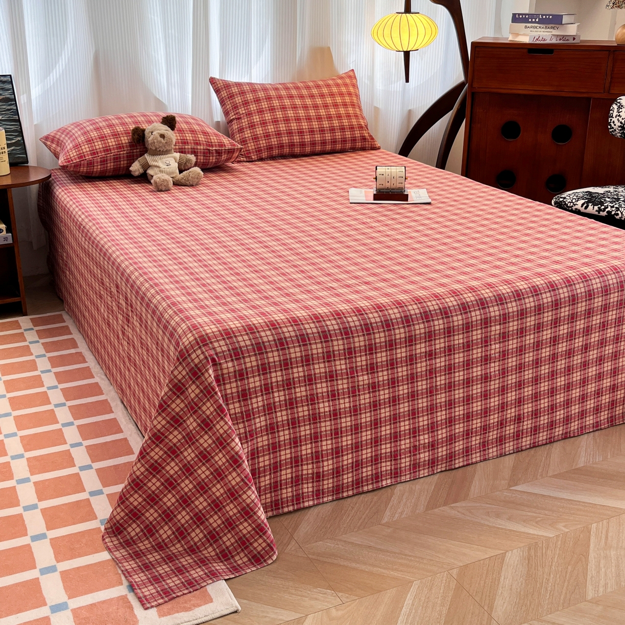 91家纺网 家纺一手货源 找家纺 （总）韩巢家纺 2025新款双层纱格子复古风床单人学生宿舍单床单 床单单件