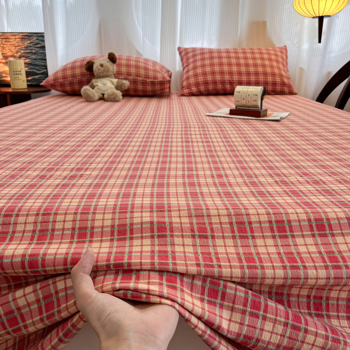 91家纺网 家纺一手货源 找家纺 （总）韩巢家纺 2025新款双层纱格子复古风床单人学生宿舍单床单 床单单件