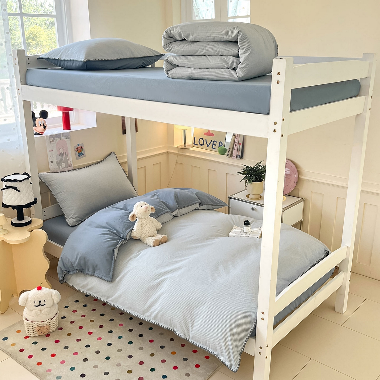 91家纺网 家纺一手货源 找家纺 蓝邻家纺 2025新款全棉水洗棉贝壳边三件套四件套-学生床 兰竖条