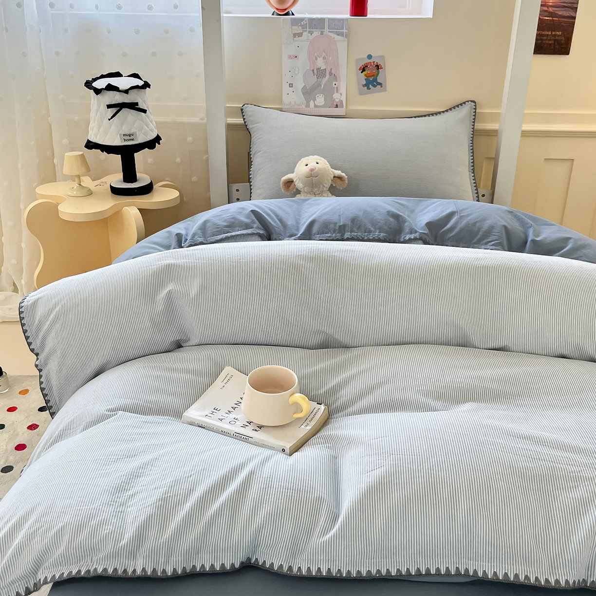 91家纺网 家纺一手货源 找家纺 蓝邻家纺 2025新款全棉水洗棉贝壳边三件套四件套-学生床 兰竖条