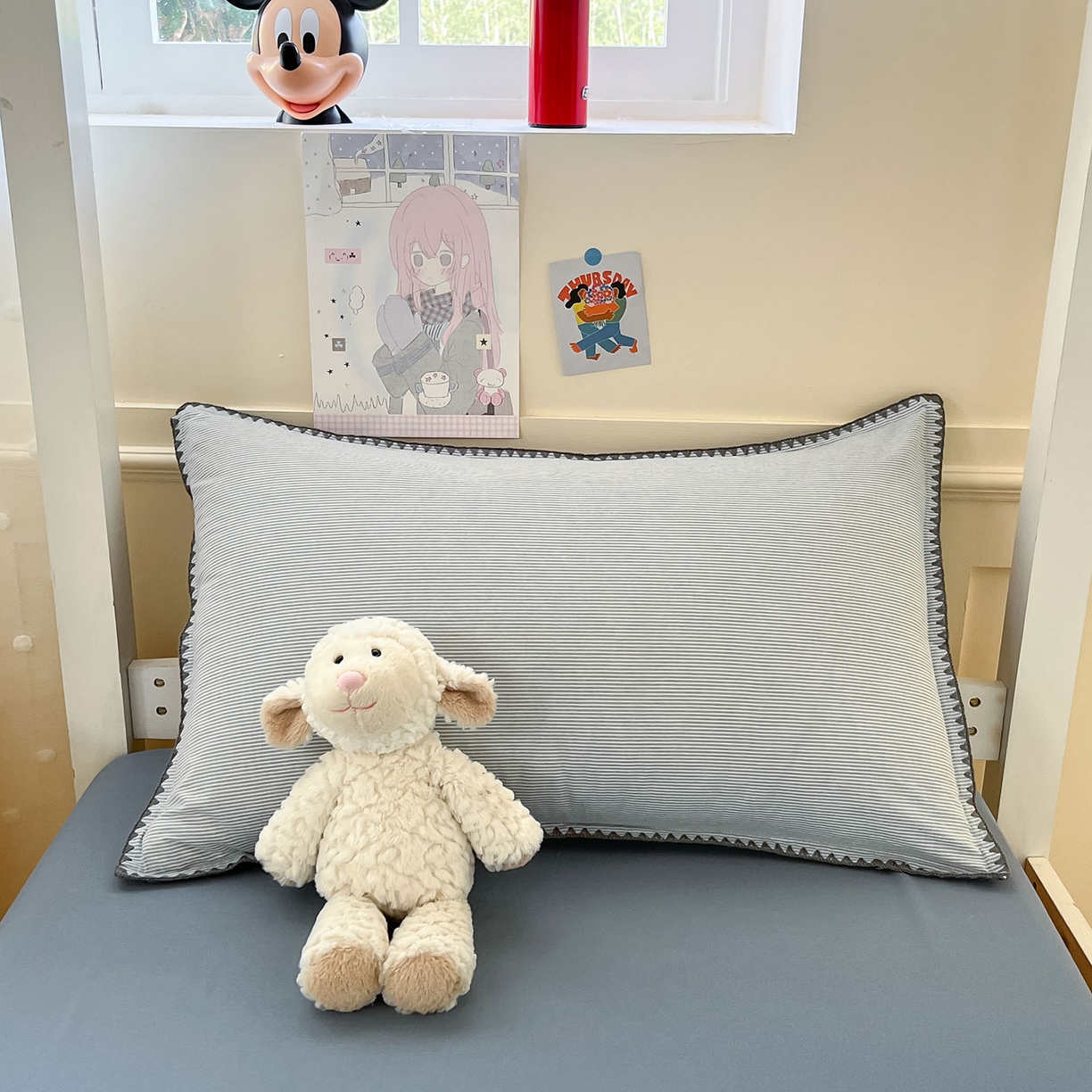 91家纺网 家纺一手货源 找家纺 蓝邻家纺 2025新款全棉水洗棉贝壳边三件套四件套-学生床 兰竖条