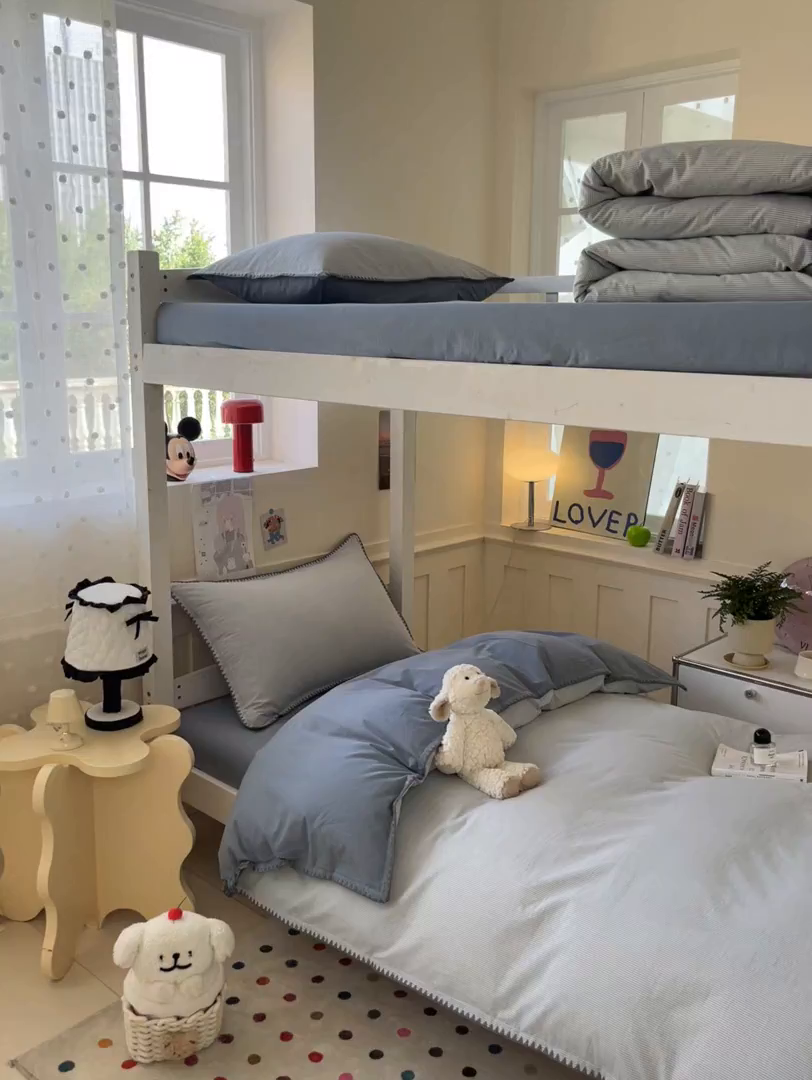 91家纺网 家纺一手货源 找家纺 蓝邻家纺 2025新款全棉水洗棉贝壳边三件套四件套-学生床 兰竖条