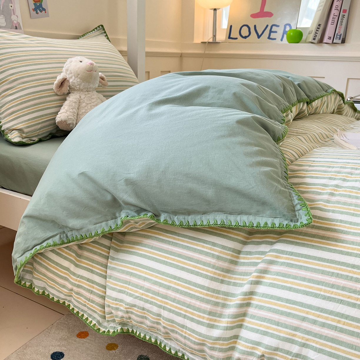 91家纺网 家纺一手货源 找家纺 蓝邻家纺 2025新款全棉水洗棉贝壳边三件套四件套-学生床 柒夏