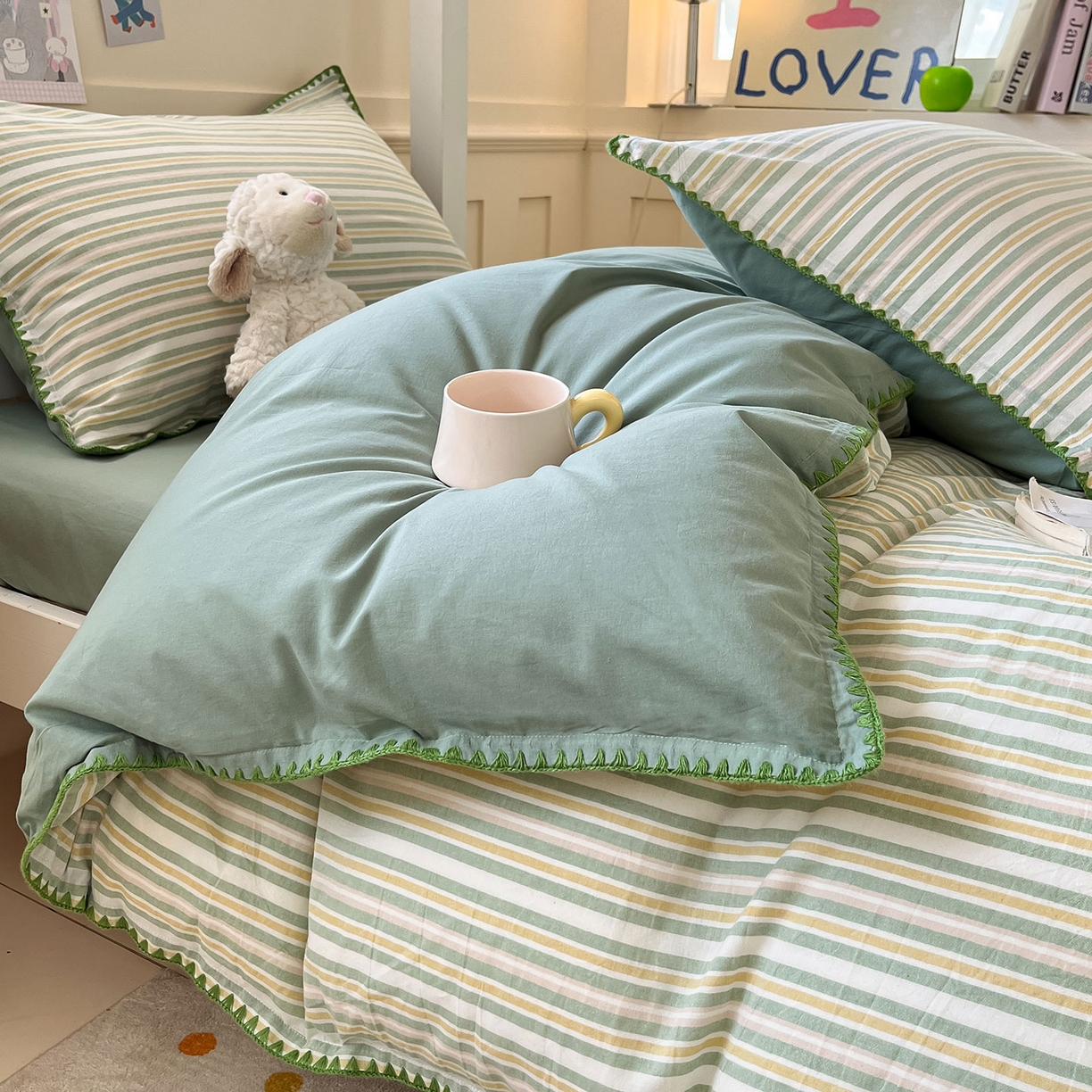 91家纺网 家纺一手货源 找家纺 蓝邻家纺 2025新款全棉水洗棉贝壳边三件套四件套-学生床 柒夏