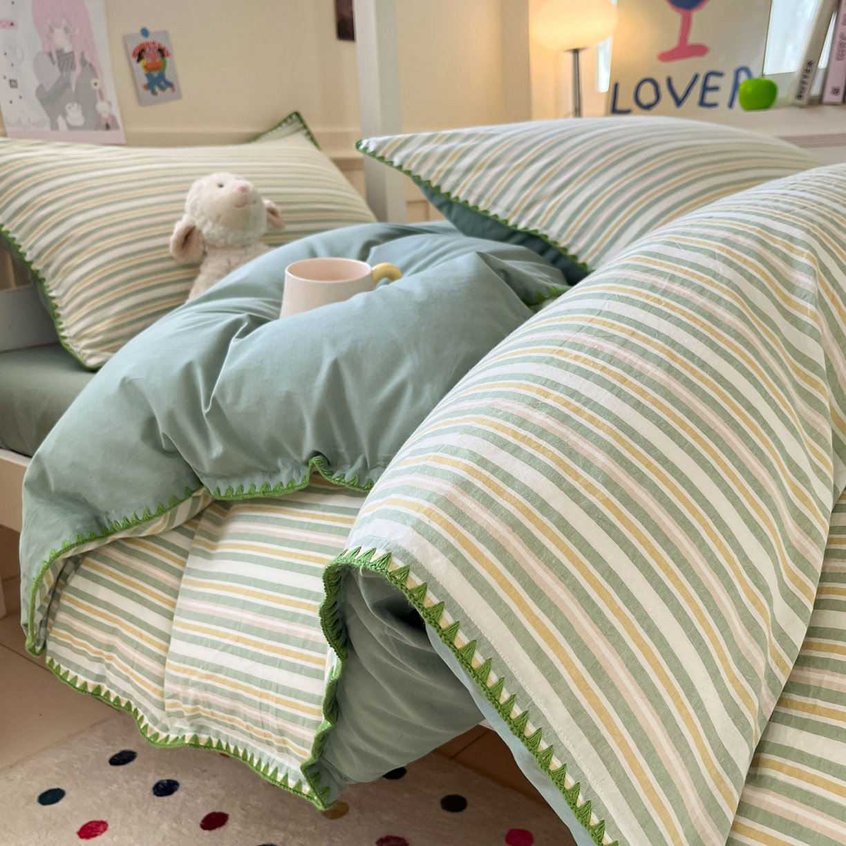 91家纺网 家纺一手货源 找家纺 蓝邻家纺 2025新款全棉水洗棉贝壳边三件套四件套-学生床 柒夏