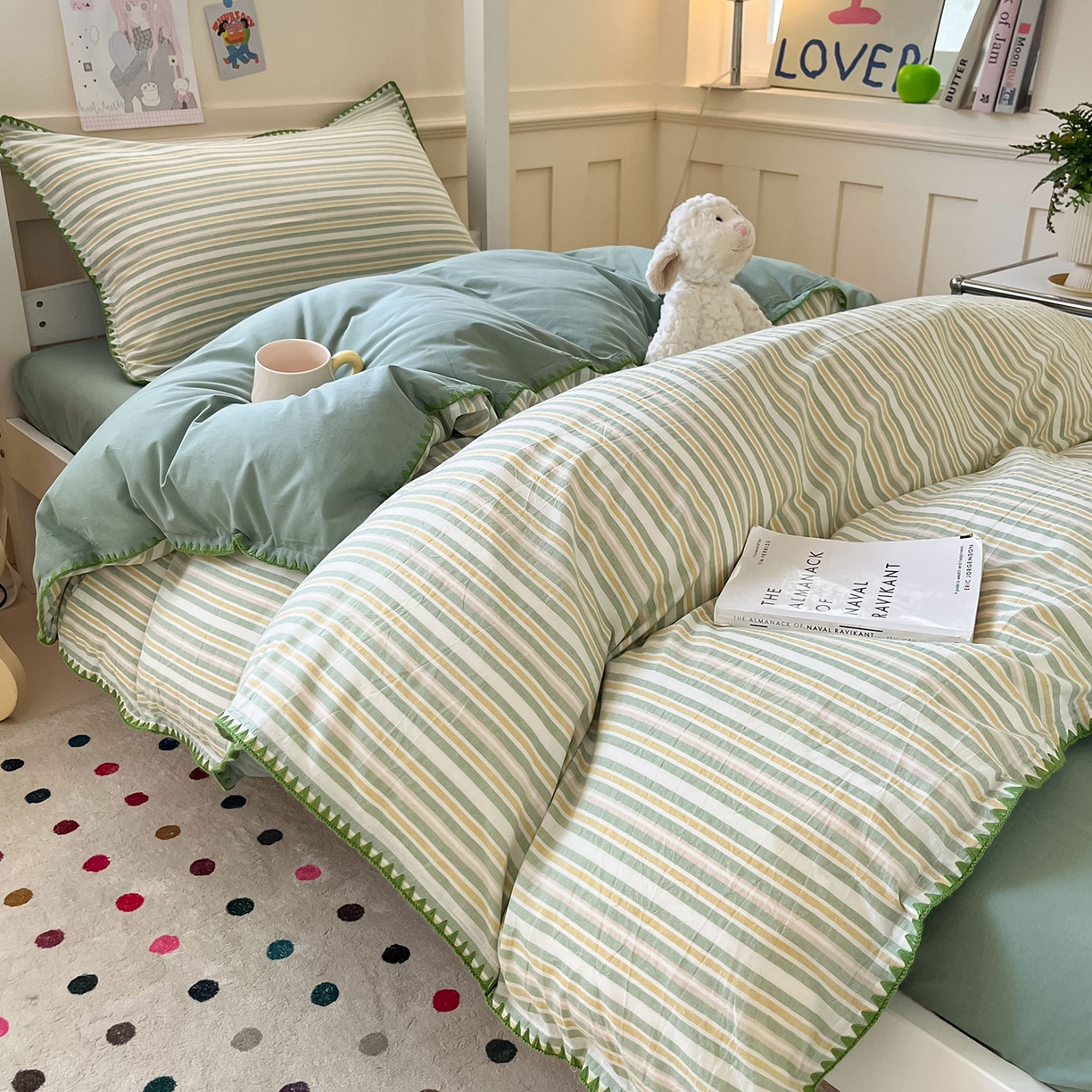 91家纺网 家纺一手货源 找家纺 蓝邻家纺 2025新款全棉水洗棉贝壳边三件套四件套-学生床 柒夏