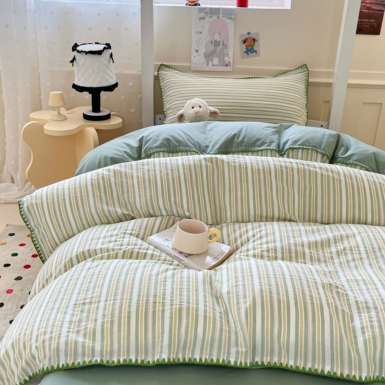 91家纺网 家纺一手货源 找家纺 蓝邻家纺 2025新款全棉水洗棉贝壳边三件套四件套-学生床 柒夏