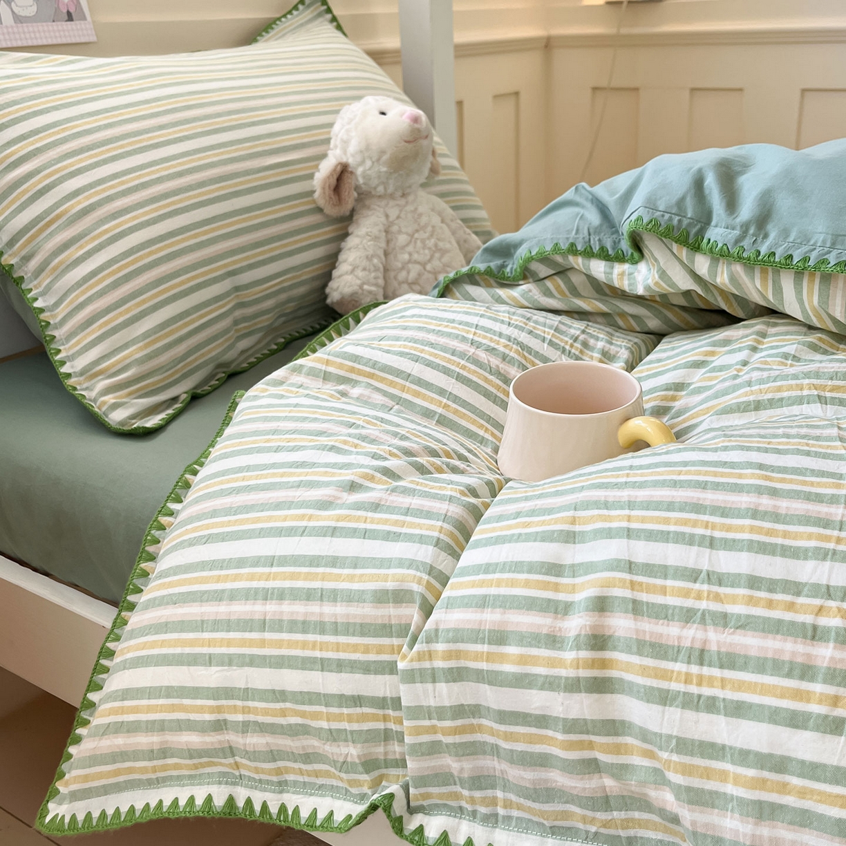 91家纺网 家纺一手货源 找家纺 蓝邻家纺 2025新款全棉水洗棉贝壳边三件套四件套-学生床 柒夏