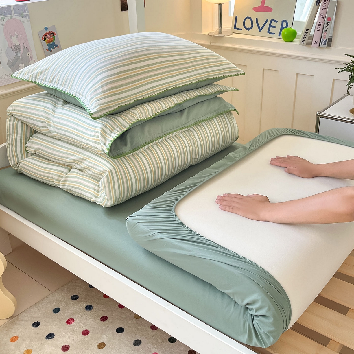 91家纺网 家纺一手货源 找家纺 蓝邻家纺 2025新款全棉水洗棉贝壳边三件套四件套-学生床 柒夏