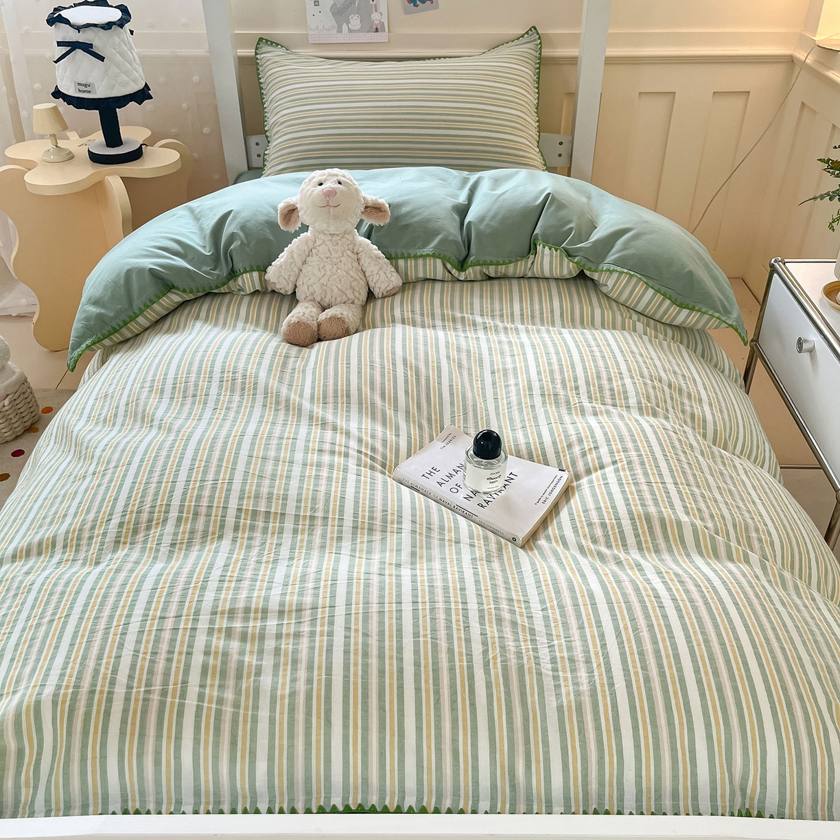 91家纺网 家纺一手货源 找家纺 蓝邻家纺 2025新款全棉水洗棉贝壳边三件套四件套-学生床 柒夏