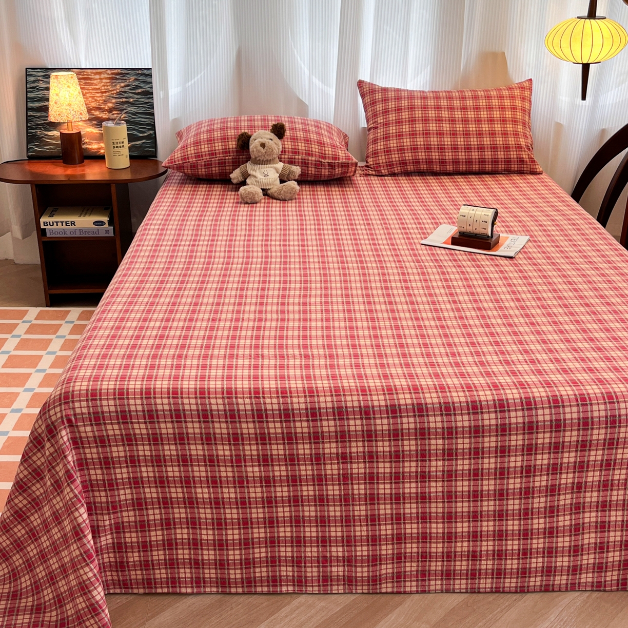 91家纺网 家纺一手货源 找家纺 韩巢家纺 2025新款双层纱格子复古风床单人学生宿舍单床单 床单单件 圣诞