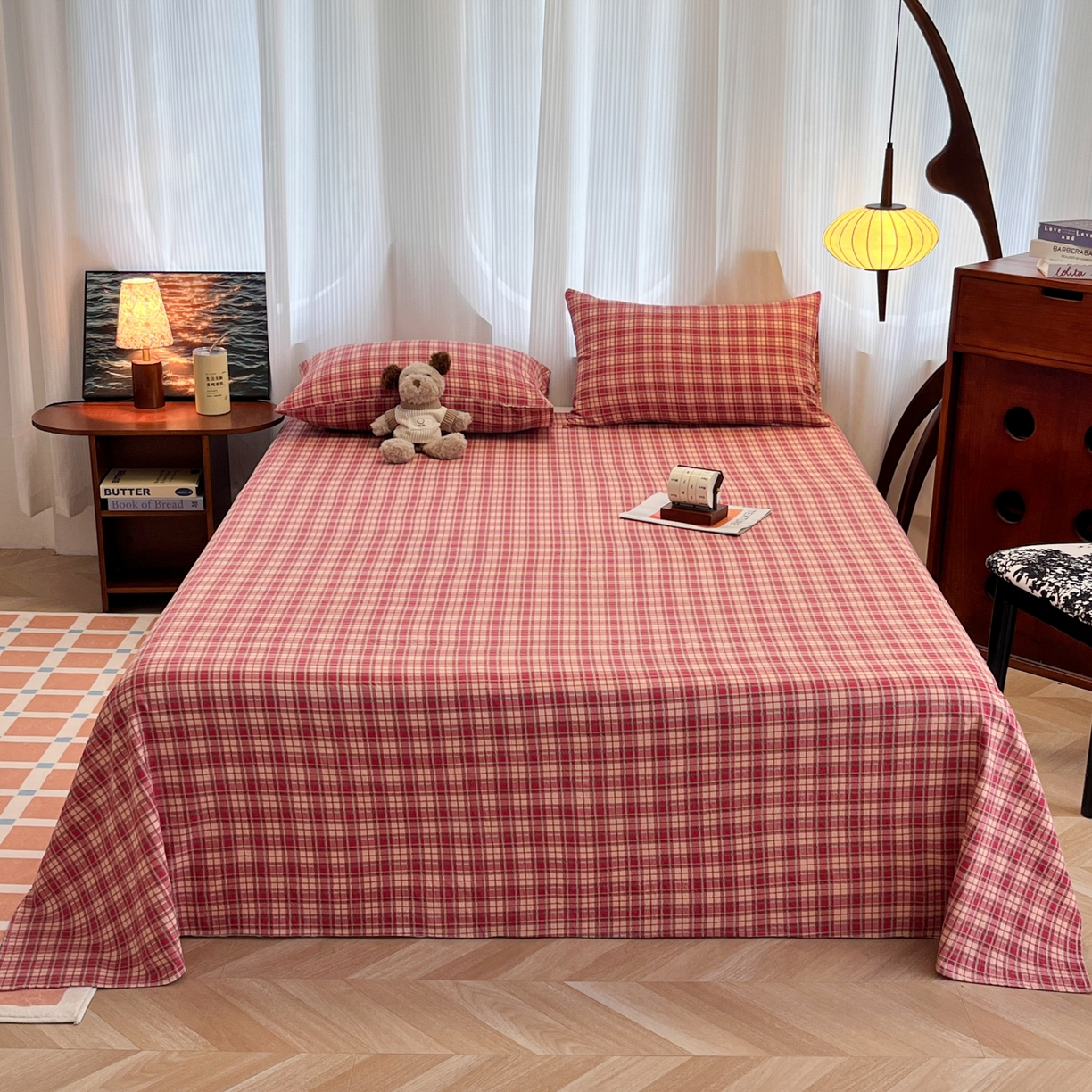 91家纺网 家纺一手货源 找家纺 韩巢家纺 2025新款双层纱格子复古风床单人学生宿舍单床单 床单单件 圣诞