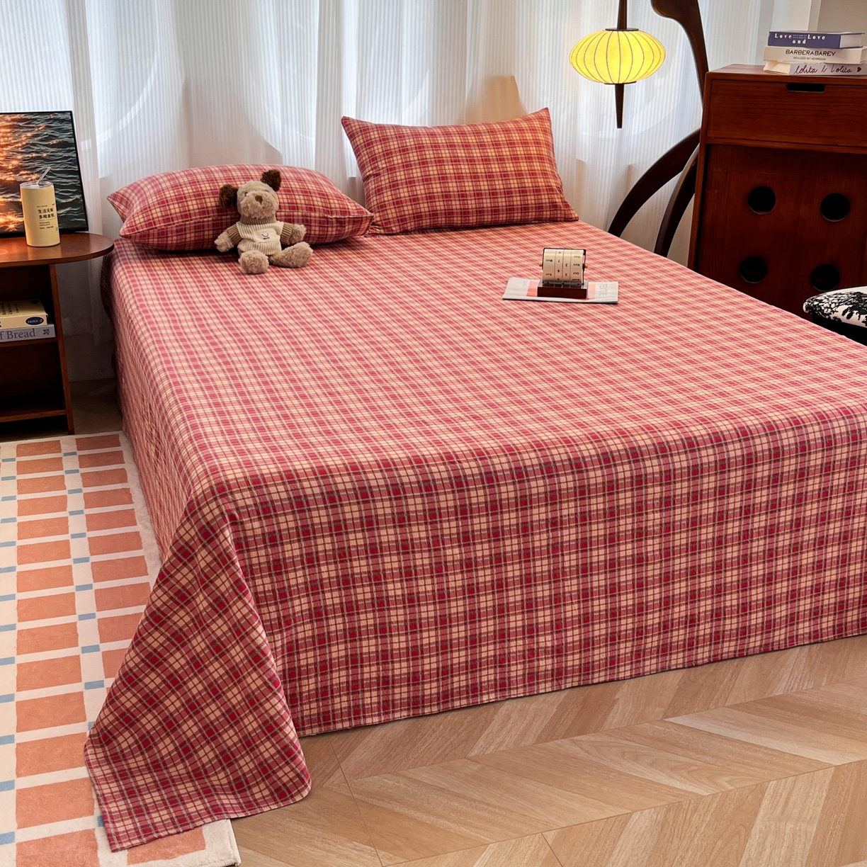 91家纺网 家纺一手货源 找家纺 韩巢家纺 2025新款双层纱格子复古风床单人学生宿舍单床单 床单单件 圣诞