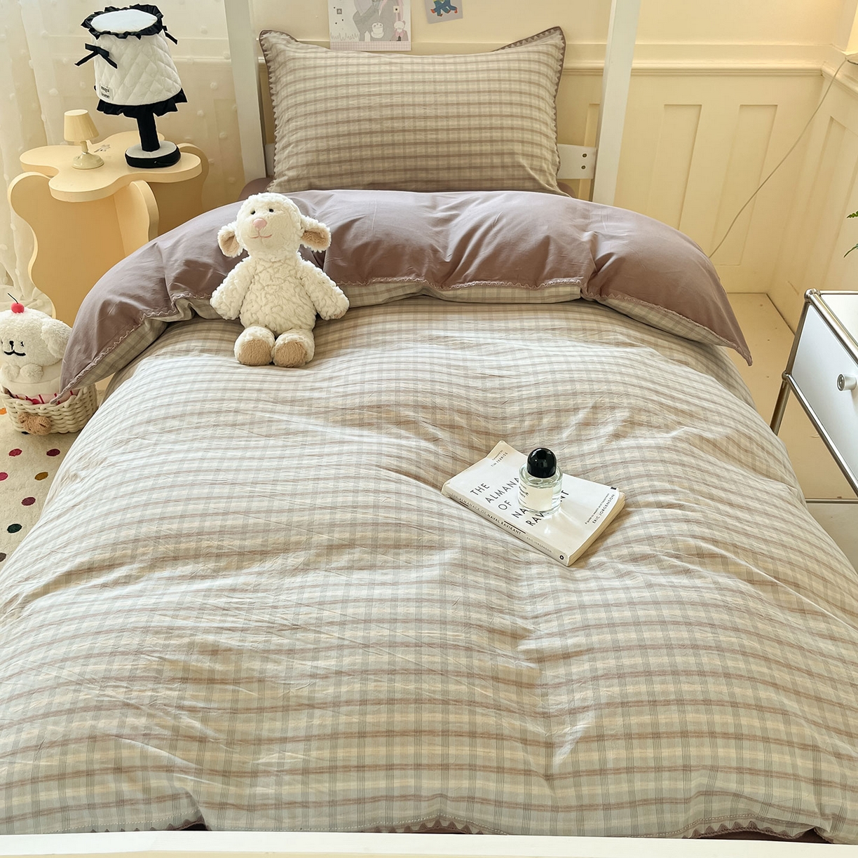 91家纺网 家纺一手货源 找家纺 蓝邻家纺 2025新款全棉水洗棉贝壳边三件套四件套-学生床 日落灰