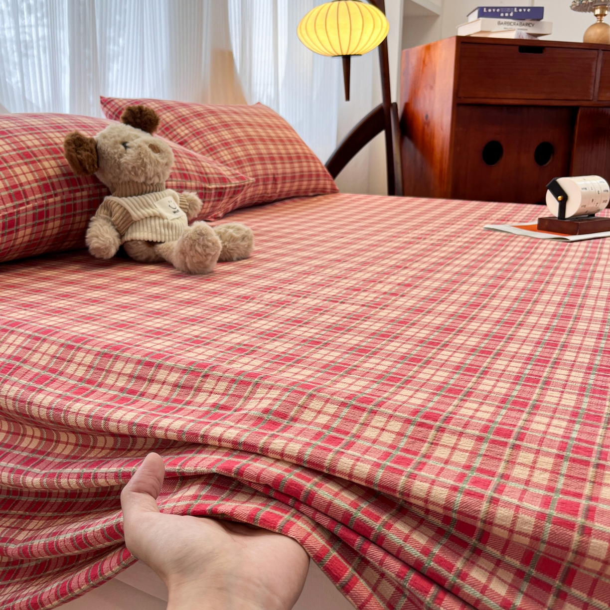 91家纺网 家纺一手货源 找家纺 韩巢家纺 2025新款双层纱格子复古风床单人学生宿舍单床单 床单单件 圣诞