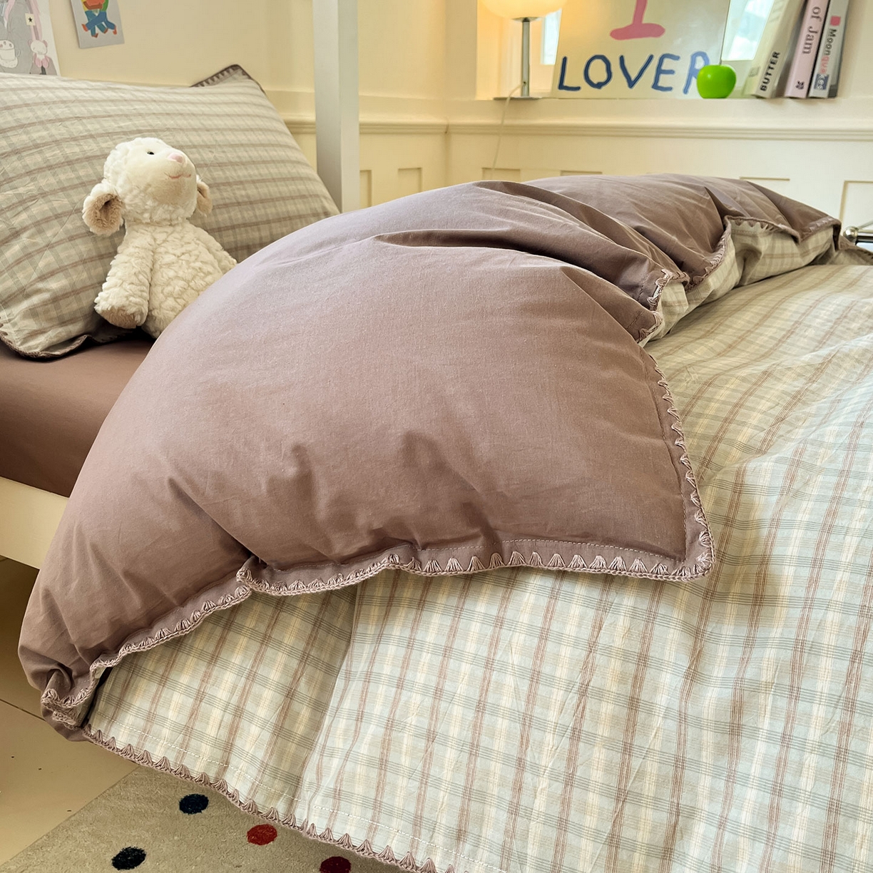 91家纺网 家纺一手货源 找家纺 蓝邻家纺 2025新款全棉水洗棉贝壳边三件套四件套-学生床 日落灰