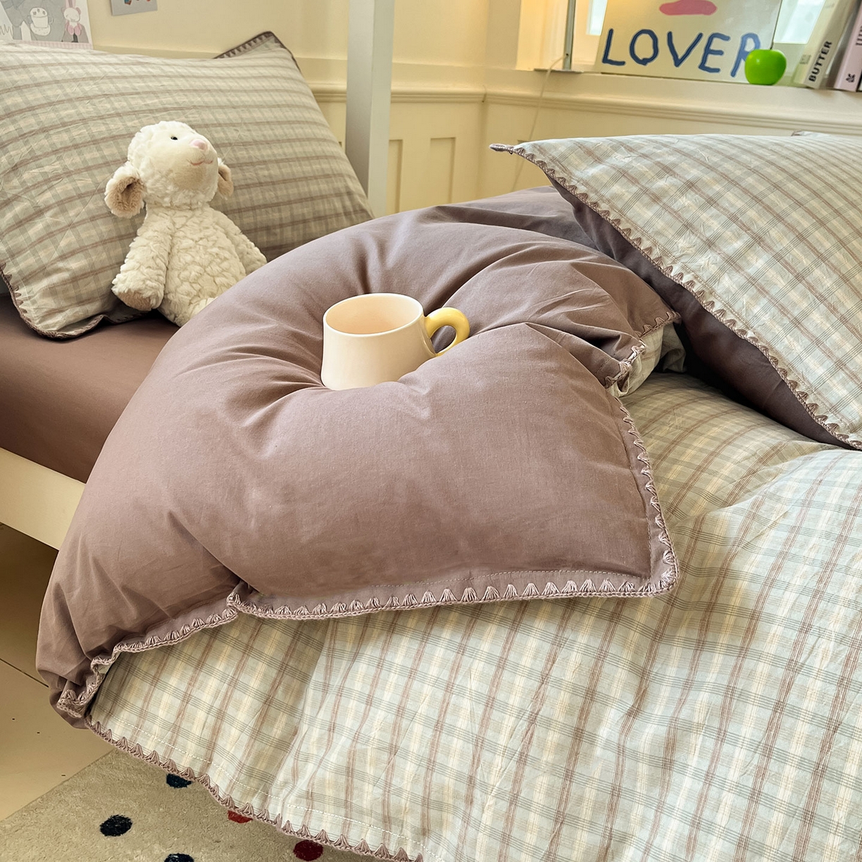 91家纺网 家纺一手货源 找家纺 蓝邻家纺 2025新款全棉水洗棉贝壳边三件套四件套-学生床 日落灰