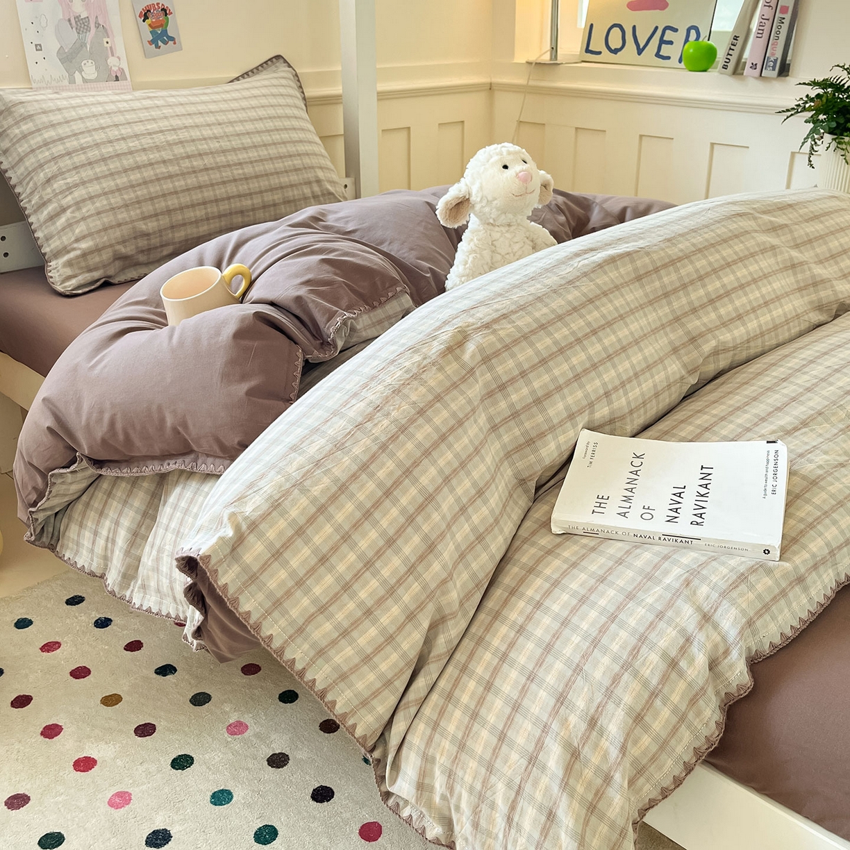 91家纺网 家纺一手货源 找家纺 蓝邻家纺 2025新款全棉水洗棉贝壳边三件套四件套-学生床 日落灰